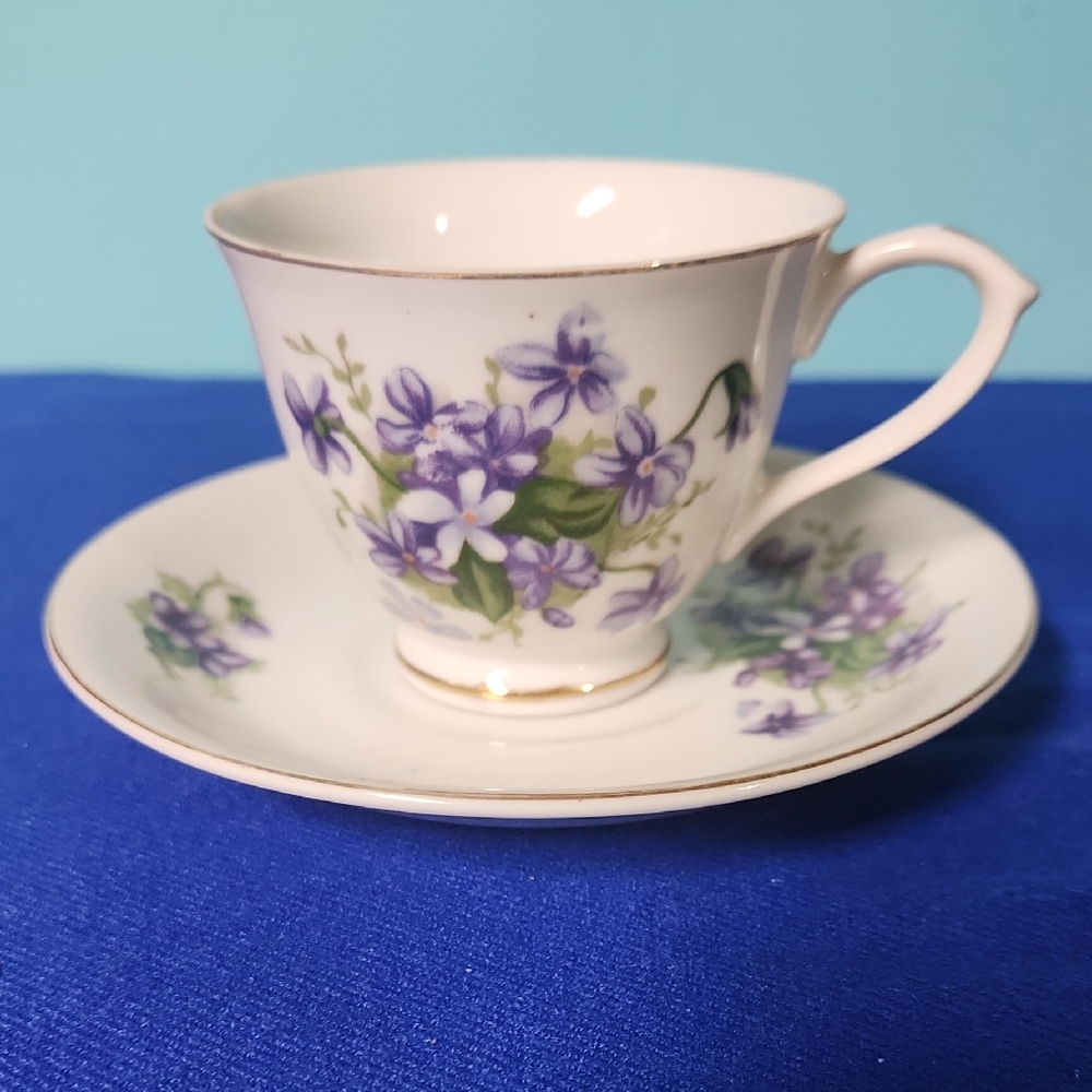 Floral Purple and White Teacup and Saucer Set